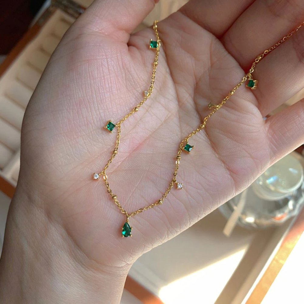 NEW Silver / Gold Exquisite Green Zircon Necklace